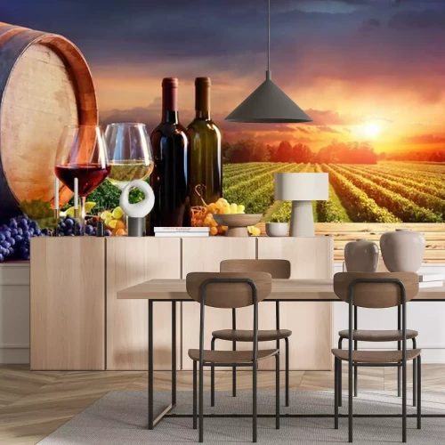 Papier peint  Tonneau et verres de vin sur un vignoble