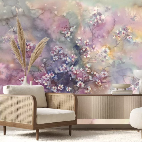 Papier peint  Fleurs de cerisier en fleurs sur fond aquarelle