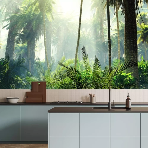 Papier peint  Jungle tropicale dans le brouillard. Palmiers dans la matinée.