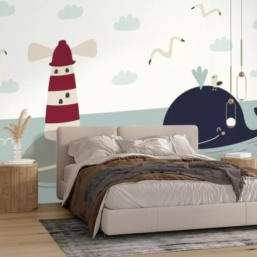 Papier peint  Baleine phare et mer motif scandinave pour enfants