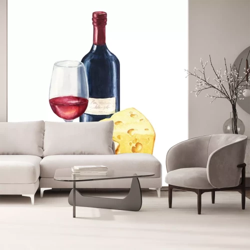 Sticker  Vin rouge aquarelle dessiné à la main avec bouteille et verre et composition du fromage. Illustration de la nourriture délicieuse isolée sur fond blanc.