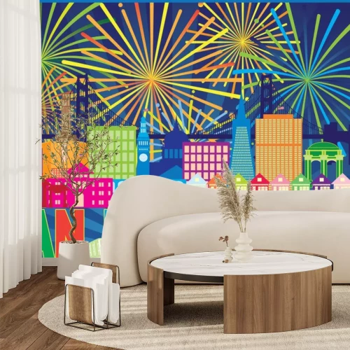 Sticker  San Francisco Skyline Trolley Fireworks Couleur Vecteur Illustration