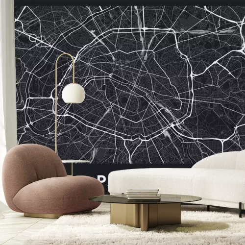 Sticker  Carte de la ville de Paris sombre. Carte routière de Paris (France). Illustration en noir et blanc (sombre) des rues parisiennes. Format affiche imprimable (album).