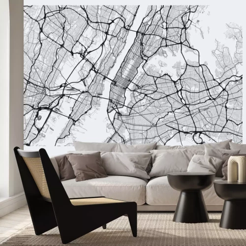 Sticker  Carte lumineuse de la ville de New York. Carte routière de New York (États-Unis). Illustration en noir et blanc (lumière) des rues de new york. Réseau de transport de la Big Apple. Format affiche impr