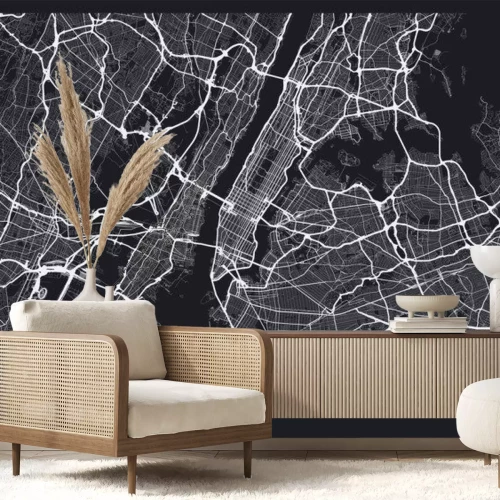 Sticker  Carte sombre de la ville de New York. Carte routière de New York (États-Unis). Illustration noir et blanc (sombre) des rues de new york. Réseau de transport de la Big Apple. Format affiche imprimable 