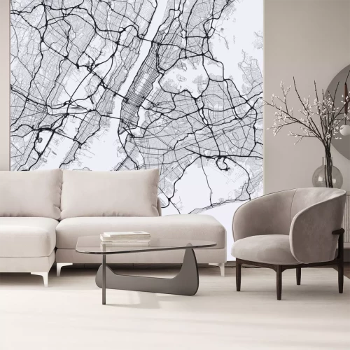 Sticker  Carte lumineuse de la ville de New York. Carte routière de New York (États-Unis). Illustration en noir et blanc (lumière) des rues de new york. Réseau de transport de la Big Apple. Format carré.