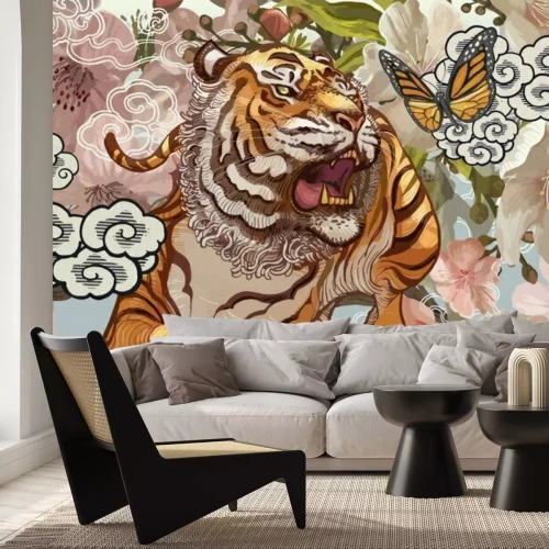 Papier peint  Composition orientale tigre et papillon