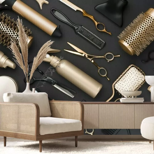 Papier peint  Outils de coiffure élégants sur fond noir