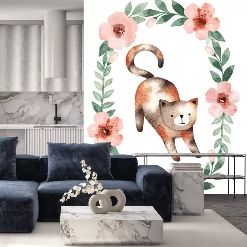 Sticker  Chaton et une couronne de fleurs