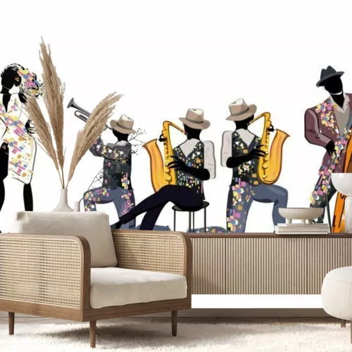 Sticker  Musiciens à la fête. Groupe de jazz. Illustration vectorielle dessinés à la main.