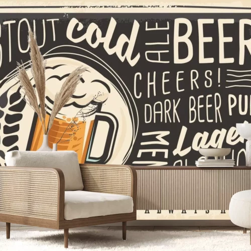 Sticker  Menu affiche bière avec lettrage créatif et chope de bière sur fond de tableau de craie sombre. Concept artistique pour bar ou pub décoration murale ou modèle de menu.