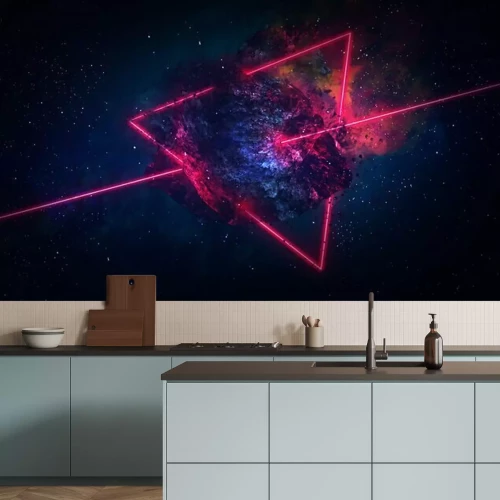 Papier peint  Espace abstrait, comète en feu, flash, laser à travers la pierre, couleurs vives