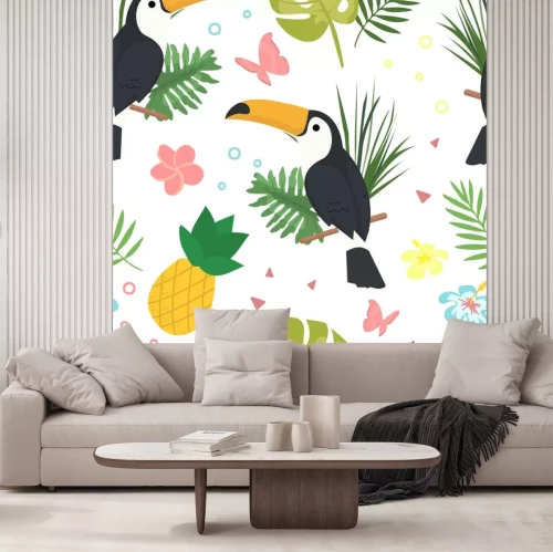 Sticker  Modèle de doodle de dessin animé vectorielle continue. Texture tropicale exotique pour l'impression, la conception web, modèle d'affiche. Collection d'éléments drôles