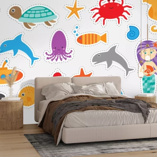 Sticker  Différentes images colorées d'animaux de l'océan pour les enfants, jeu d'éducation amusant pour les enfants, activité préscolaire, ensemble d'autocollants, illustration vectorielle