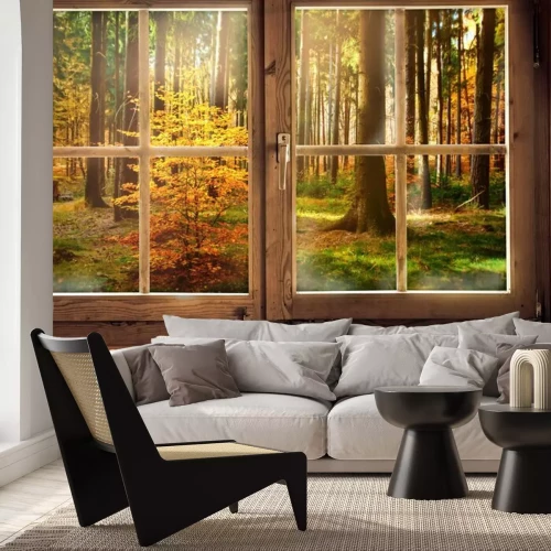 Papier peint  Cabane en bois avec vue sur une forêt d'automne