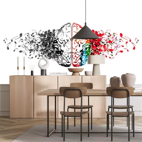 Sticker  Cerveau humain coloré avec des notes de musique isolée vector illustration design. Affiche du festival de musique artistique, concert, conception de notes de musique créatives