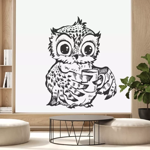 Sticker  Dessin d'un hibou avec une tasse