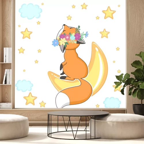 Sticker  Renard roux mignon dans une couronne de fleurs