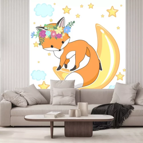 Sticker  Renard roux mignon dans une couronne de fleurs