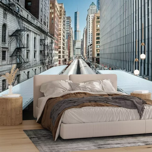 Papier peint  Deux trains du métro de Chicago traversant le chemin de fer surélevé dans un canyon de gratte-ciel du district de Loop, Chicago, Illinois, États-Unis