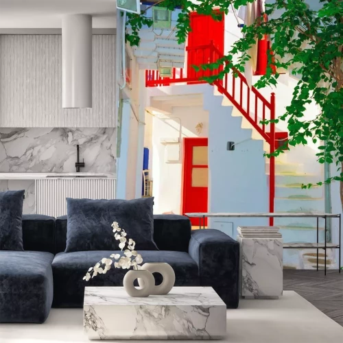 Papier peint  Maison blanche avec des accents rouges