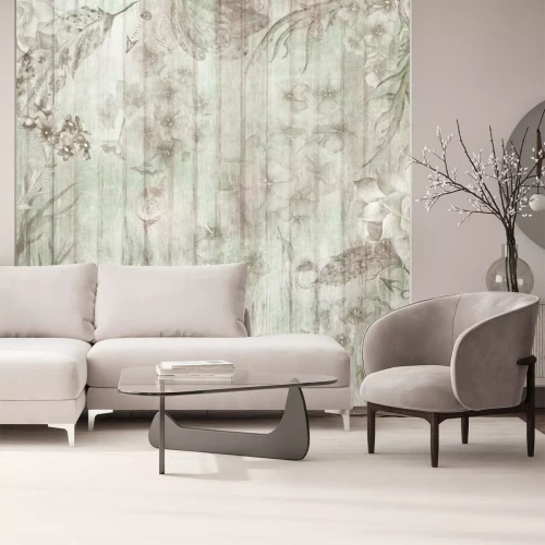 Papier peint  Planches blanches et fleurs shabby