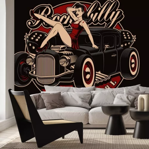Papier peint  Pin up fille avec hot rod classique.