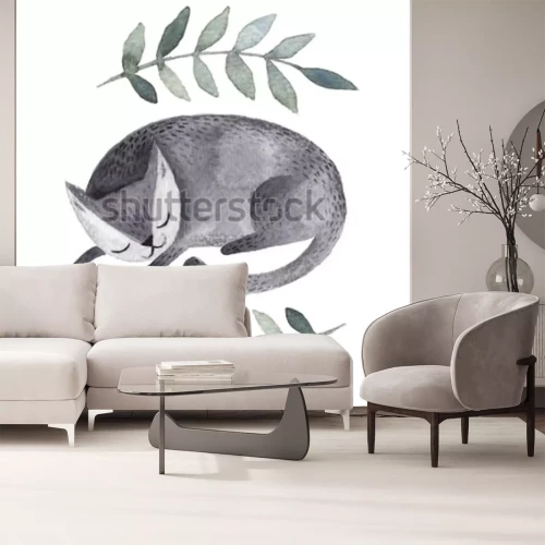 Papier peint  Chat endormi et feuilles vertes