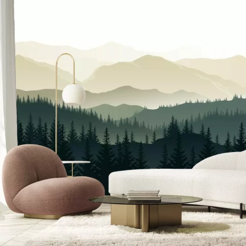 Sticker  Vector paysage beau matin avec les forêts vertes brumeuses et les montagnes