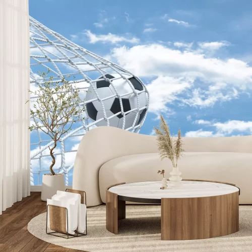 Papier peint  Rendu 3D d'un ballon de football pris dans un filet blanc des portes sur un fond de ciel.