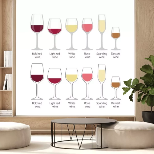 Sticker  Types de verres à vin. Verres à vin colorés pour le vin rouge clair, rouge vif, blanc, mousseux sur fond blanc.