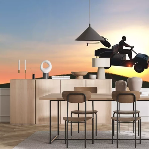 Sticker  Joueur de golf avec voiturette de golf donnant un saut illustration 3d