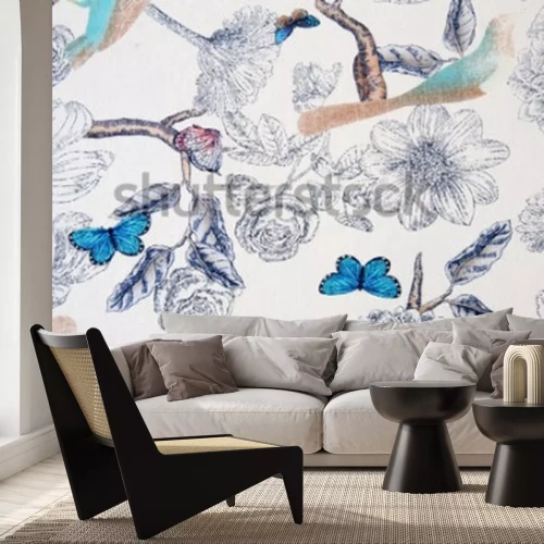 Papier peint  Motif avec nature et papillons