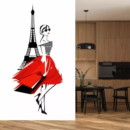 Sticker  femme belle mode à Paris - fashionista française avec des sacs et design vectoriel tour eiffel