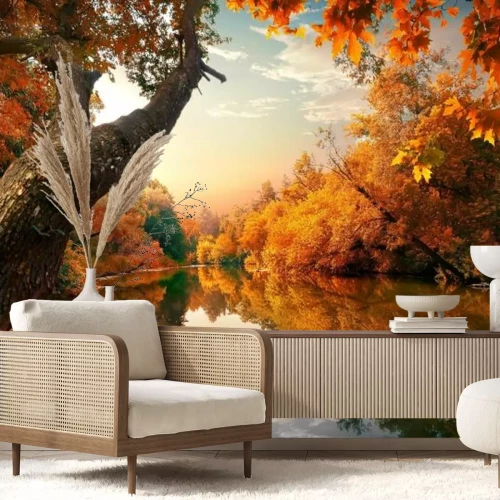 Papier peint  Rivière parmi les arbres d’automne dans un paysage naturel