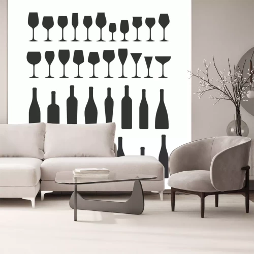 Sticker  Différents types de jeu d'icônes de verres à vin et bouteilles. Verre à vin et bouteille vector icons de collection silhouette noire.