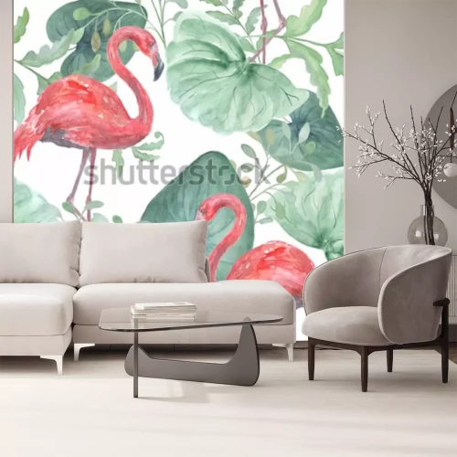 Sticker  Aquarelle motif tropical transparent avec des feuilles tropicales, oiseaux flamingo sur fond blanc.