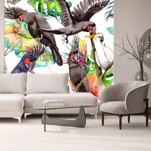 Papier peint  Oiseaux exotiques sur fond de feuilles