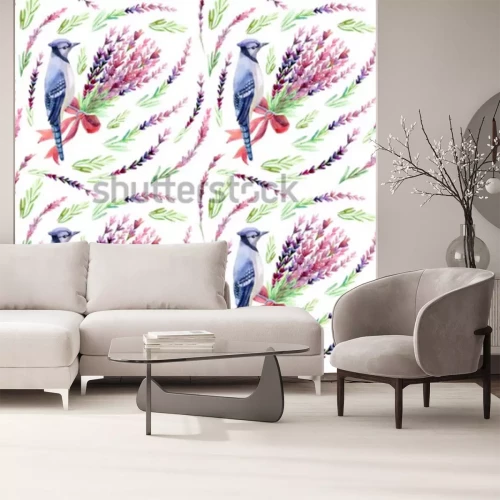 Papier peint  Oiseaux et bouquets de fleurs