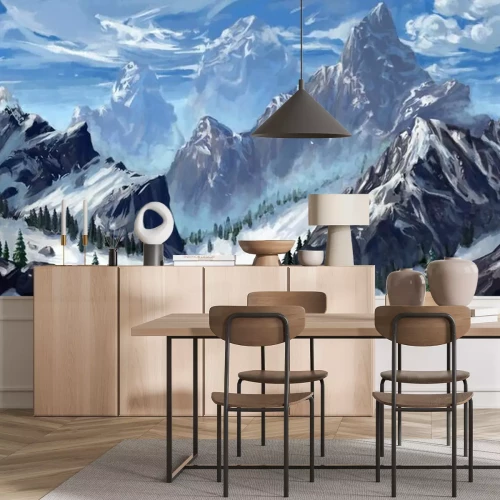 Papier peint  Montagnes dans la neige d'un monde fantastique