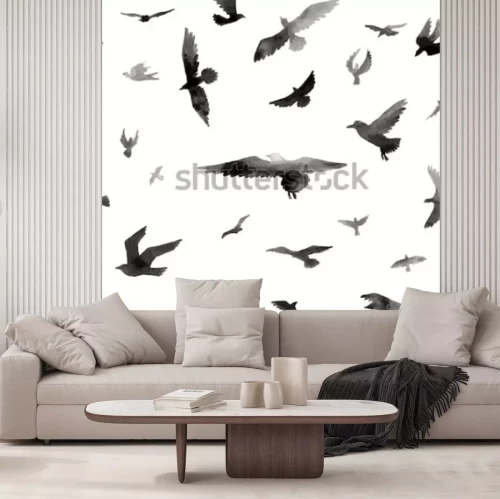 Papier peint  Oiseaux noirs sur fond blanc