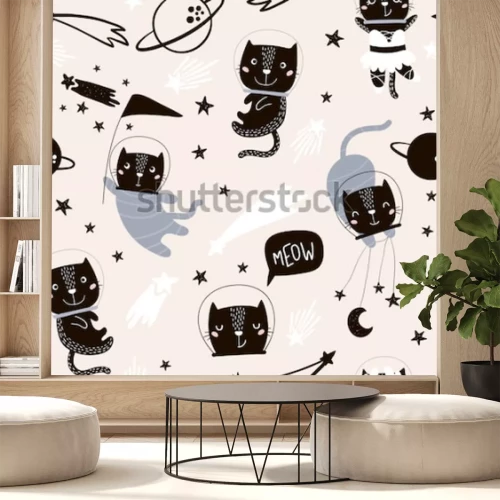 Sticker  Transparente motif enfantin avec les astronautes de chats mignons. Fond de pépinière créative. Parfait pour la conception, le tissu, l'emballage, le papier peint, le textile, l'habillement des