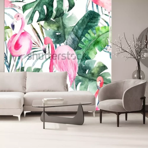 Sticker  Modèle sans couture tropical avec flamant rose et feuilles. Aquarelle impression d'été. Illustration dessinée à la main exotique