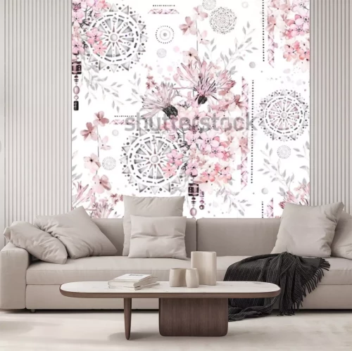 Sticker  modèle sans couture avec fleurs à l'aquarelle et ornements texturés - mandala. Floral abstrait. Tuile avec fleur sauvage Prairie et illustration géométrique.