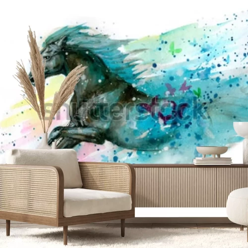 Sticker  Monture de chevaux et papillons aquarelles