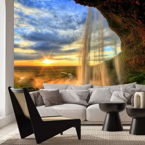 Papier peint  Vue sur la chute d'eau et le soleil