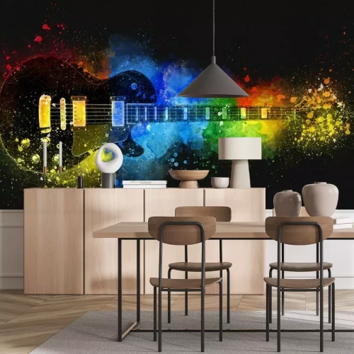 Papier peint  Guitare noire saupoudrée de poudres colorées