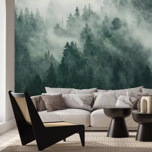 Papier peint  Forêt de sapins brumeuse en style rétro vintage
