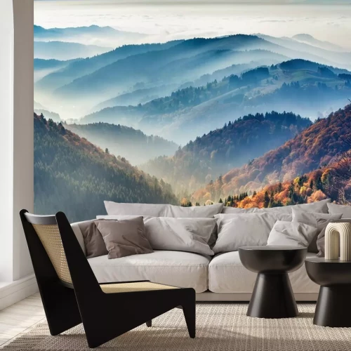 Papier peint  Paysage de montagne pittoresque. Vue sur la forêt noire, en Allemagne, couverte de brouillard. Fond de voyage coloré.