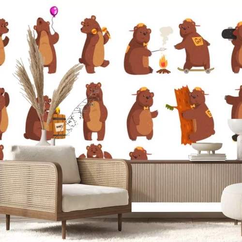 Sticker  Sertie d'ours drôle. Animal de la forêt agitant par patte, tenant un ballon, dansant, hurlant, appelant quelqu'un, mangeant du miel dans un tonneau en bois, souriant. Conception de vecteur plat